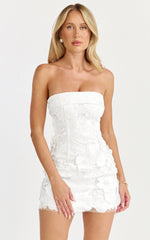 Wren Mini Dress - Strapless Bodycon Garden Flowers Dress in White