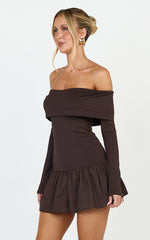 Remi Mini Dress - shoulder Long Sleeve Dropped Waist Mini Dress in Chocolate