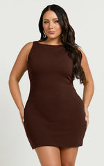 Bindi Boat Neck Bodycon Mini Dress in Chocolate