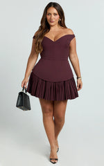 Izara Mini Dress - Off Shoulder Pleated Dress in Wine
