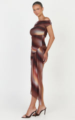 Lucienne Mini Dress - Asymmetric Off Shoulder Gathered Draped Sash Dress in Aurora Print