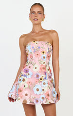 Cosima Mini Dress - Strapless 3D Floral Fit And Flare Dress in Multi