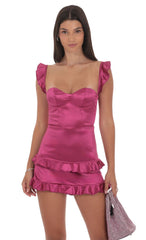 Satin Ruffle Bodycon Dress in Magenta