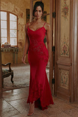 Red Hand Beaded Embellished Satin Maxi Dress - Limited Edition