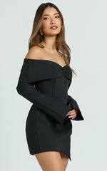 Cyrus Mini Dress - Off Shoulder Long Sleeve Fit And Flare Dress in Black