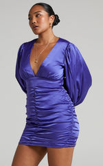 Nicole Mini Dress - Plunge Neck Ruched Dress in Steel Blue