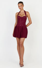 Malia Mini Dress - Lace Corset Bodice Pleated Skirt Halter Dress in Wine