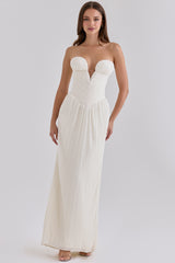White Chiffon Micro Pleat Strapless Maxi Gown