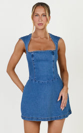 Heather Mini Dress - Square Neck A Line Denim Mini Dress in Mid Blue Wash