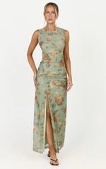 Amy Maxi Dress - Gathered Detail Front Split Sleeveless Dress in Multi