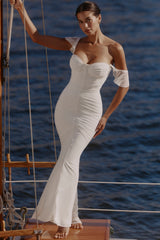 White Gathered Mesh Maxi Dress