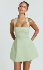 Dante Mini Dress - Halter Neck Tie Tulip Skirt Dress in Sage