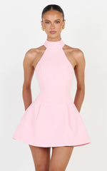 Helia Mini Dress - High Halter Neck Scarf Detail A Line Dress in Pink