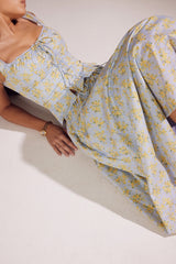 Soft Blue Vintage Floral Print Cotton Midi Skirt