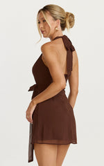 Eva Mini Dress - Plunge Halter Wrap Dress in Chocolate