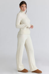 Ivory Merino Wool Ribbed Knit Trousers