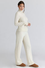 Ivory Merino Wool Ribbed Knit Trousers