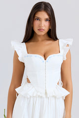 White Embroidered Cotton Peplum Corset Top