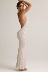 Modal Halterneck Maxi Dress in Pink Yellow Stripe