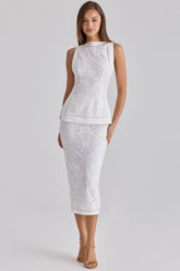 White Cotton Placement Lace Broderie Anglaise Midi Skirt