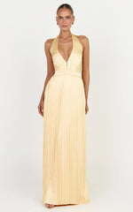 Kayla Maxi Dress - Plunge Neckline Pleated Halter Dress in Butter Yellow