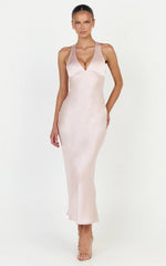 Khalani Midi Dress - Deep V Neck Satin Slip Dress in Light Pink