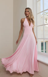 Poppy Maxi Dress - Contrast Skirt Deep Plunge Halter Dress in Soft Pink