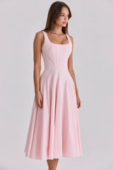 Pink Cotton Lace Up Midi Sundress