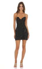 Floral Appliqué Strappy Mini Dress in Black