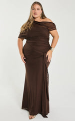 Nicolette Maxi Dress - Cape Sleeve Off Shoulder Dress in Chocolate