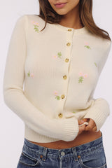 Cream Wool + Cashmere Pink Floral Embroidered Cardigan