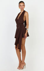 Cove Mini Dress - Halter Neck Backless Sash Detail Dress in Chocolate