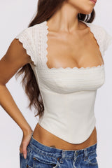 White Cotton Broderie Anglaise Trim Cap Sleeve Corset Top