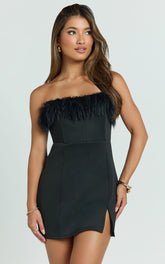 Rhaiza Mini Dress - Faux Feather Trim Strapless Dress in Black