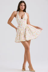 Ivory Meadow Print Cotton Halter Mini Dress