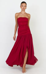 Kyra Maxi Dress - Strapless Lace Bodice Contrast Skirt Dress in Wine