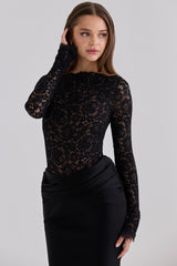 Black Corded Lace + Satin Draped Maxi Dress