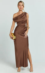 Laurie Maxi Dress - One Shoulder Ruched Dress in Chocolate