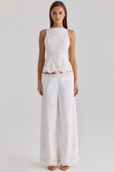 White Cotton Broderie Anglaise Wide Leg Trousers