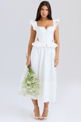 White Embroidered Cotton Peplum Corset Top