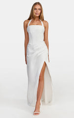 Amber Maxi Dress - Corset Bodice Draped Skirt Halter Dress in White