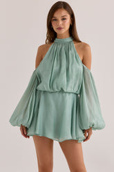 Jade Silk Organza Open Back Mini Dress