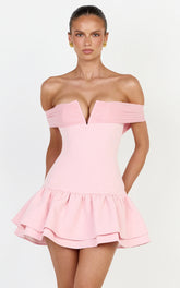 Vienna Mini Dress - Off Shoulder Tiered Hem Dress in Pink