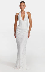 Tilly Maxi Dress - Lace Plunge Neckline Halter Dress in White