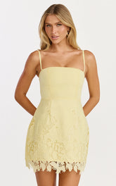Maisie Mini Dress - Broderie Cut Out Border Hem Dress in Lemon
