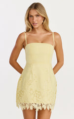 Maisie Mini Dress - Broderie Cut Out Border Hem Dress in Lemon
