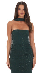 Sequin Scarf Lace Maxi Dress in Green