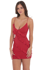 Ruffle V-Neck Dress in Red