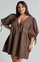 Rosita Mini Dress - Tie Front Puff Sleeve Dress in Chocolate