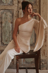 Oyster Satin One Sleeve Asymmetric Draped Top